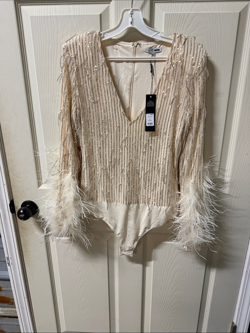 Fashion Nova Cream Beaded Feather-Sleeve Bodysuit